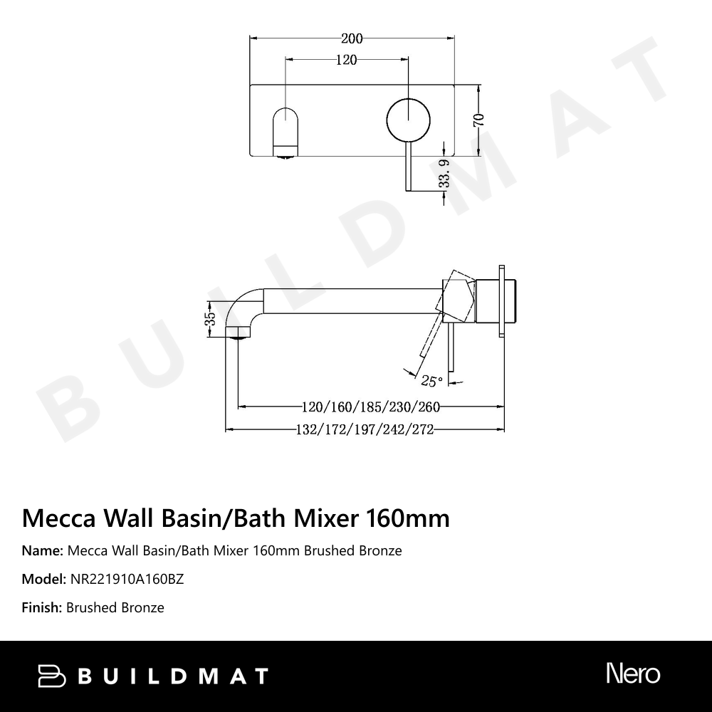 Mecca Wall Basin/Bath Mixer 160mm Brushed Bronze