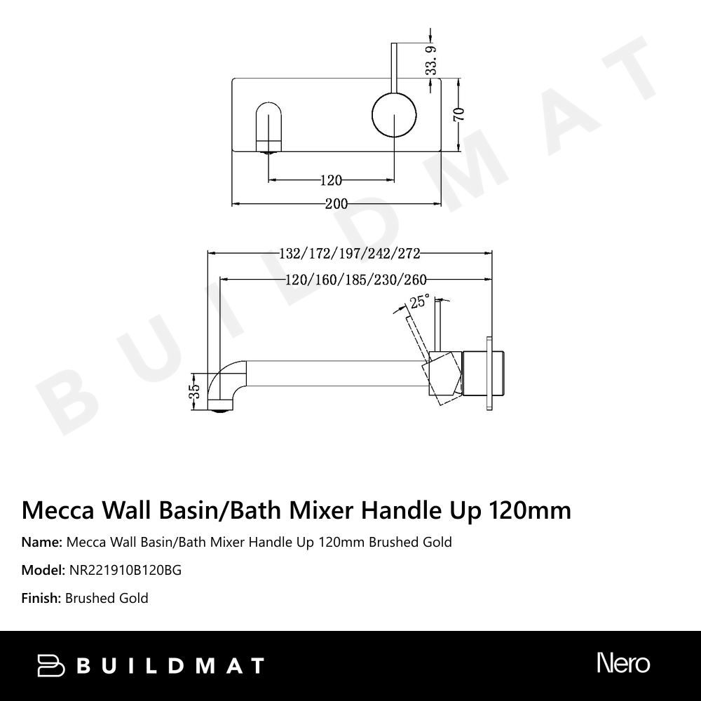 Mecca Wall Basin/Bath Mixer Handle Up 120mm Brushed Gold