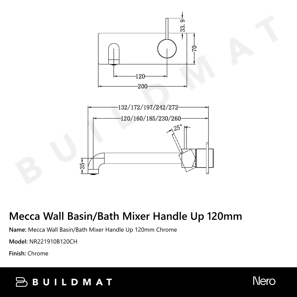 Mecca Wall Basin/Bath Mixer Handle Up 120mm Chrome