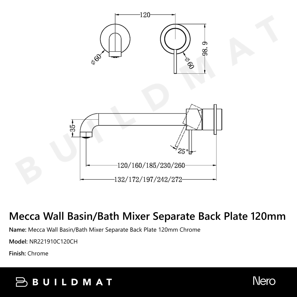 Mecca Wall Basin/Bath Mixer Separate Back Plate 120mm Chrome