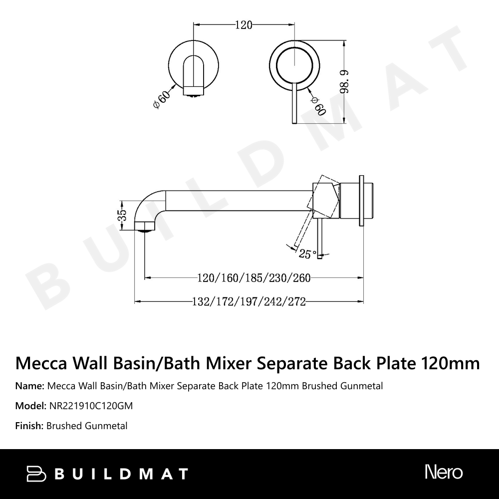 Mecca Wall Basin/Bath Mixer Separate Back Plate 120mm Gun Metal