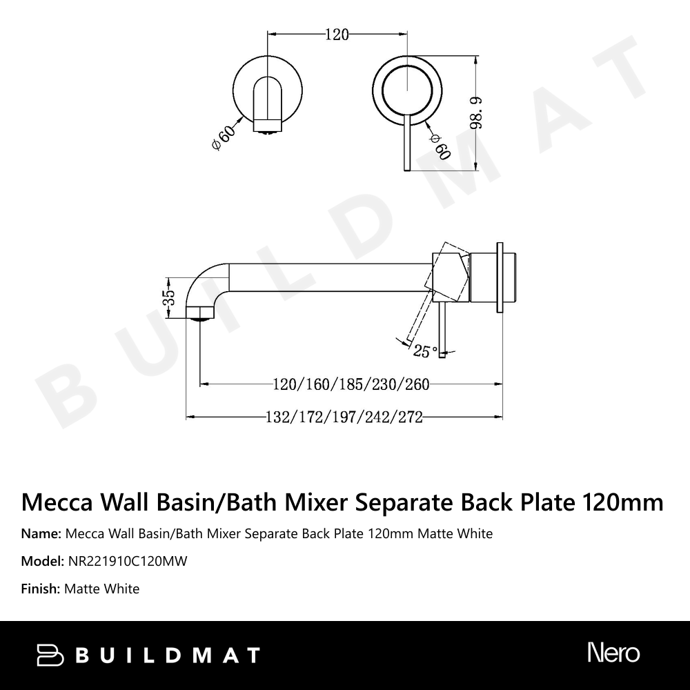 Mecca Wall Basin/Bath Mixer Separate Back Plate 120mm Matte White