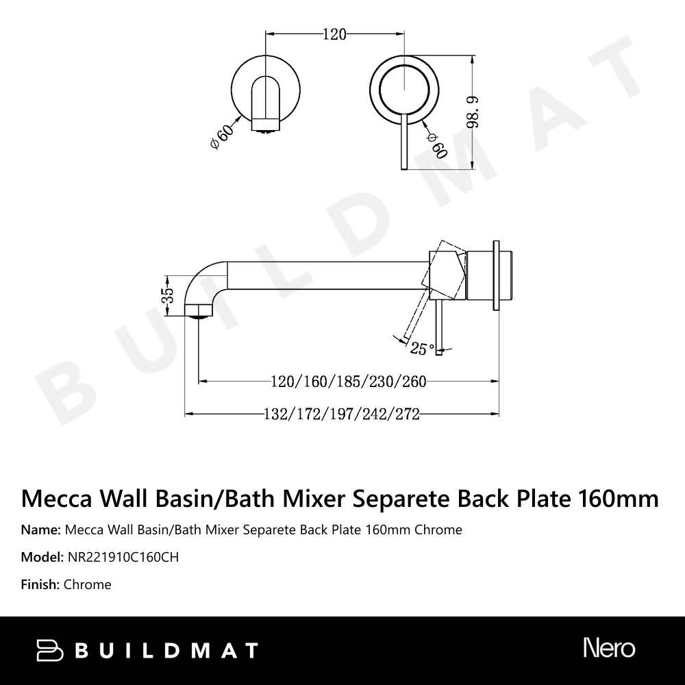 Mecca Wall Basin/Bath Mixer Separete Back Plate 160mm Chrome