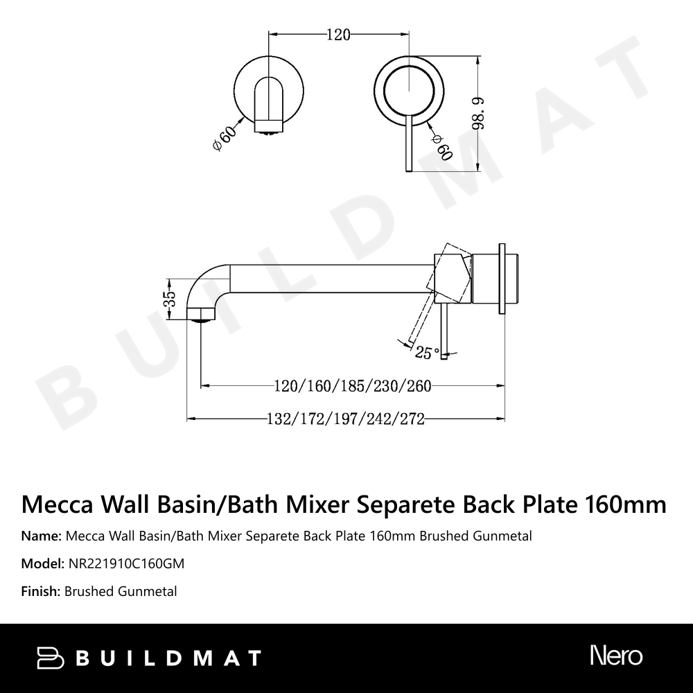 Mecca Wall Basin/Bath Mixer Separete Back Plate 160mm Gun Metal