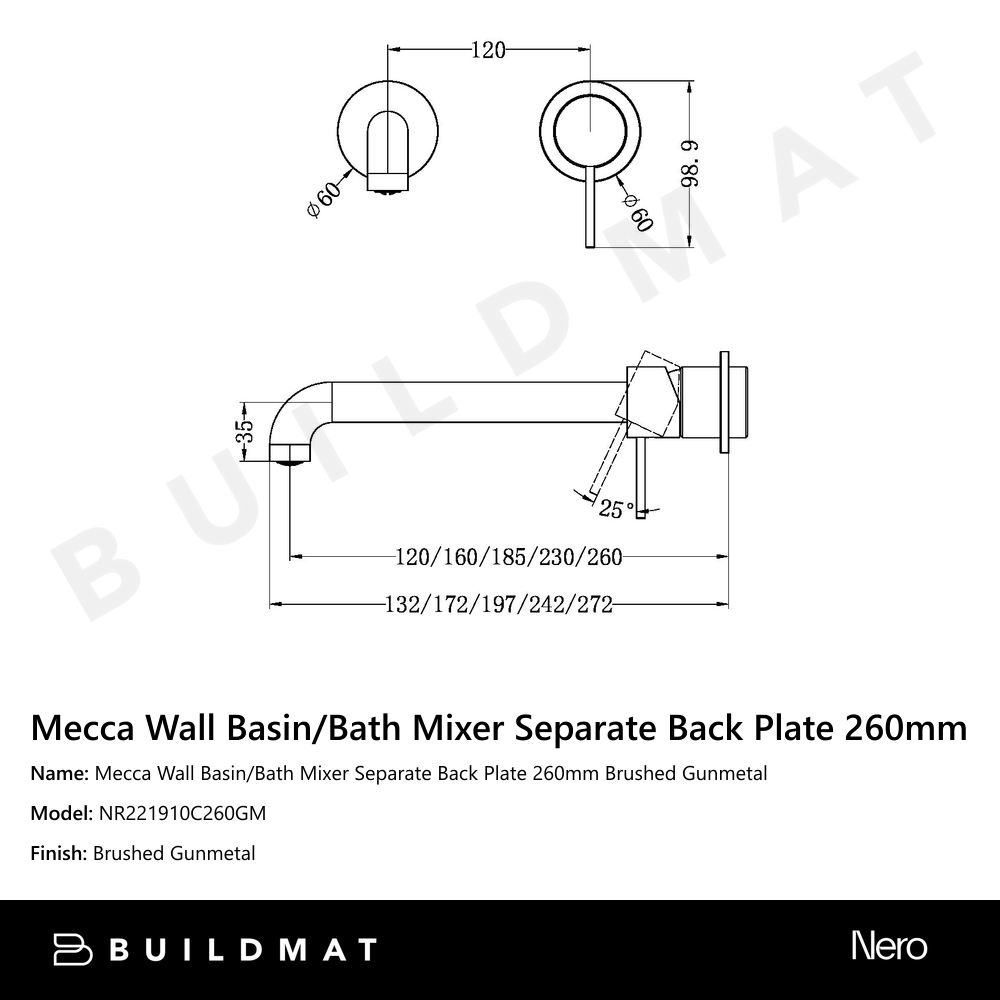 Mecca Wall Basin/Bath Mixer Separate Back Plate 260mm Gun Metal