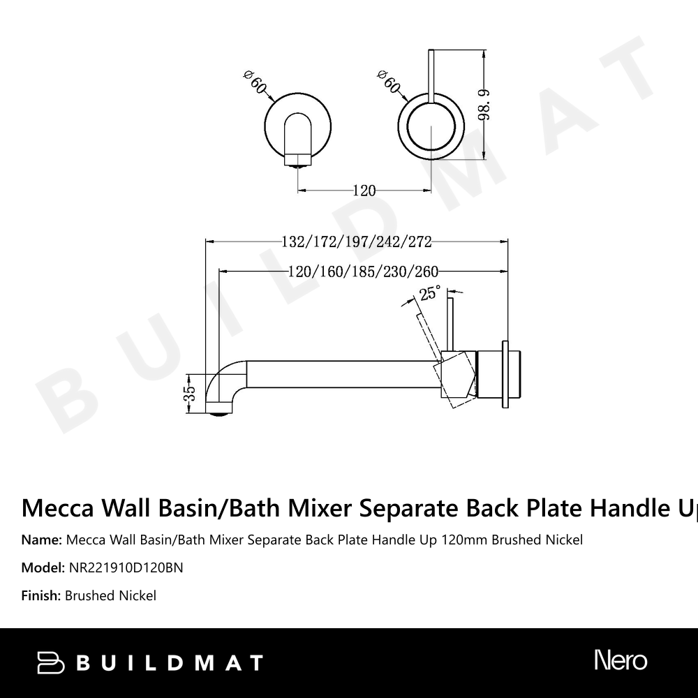 Mecca Wall Basin/Bath Mixer Separate Back Plate Handle Up 120mm Brushed Nickel