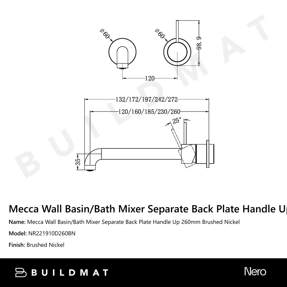 Mecca Wall Basin/Bath Mixer Separate Back Plate Handle Up 260mm Brushed Nickel