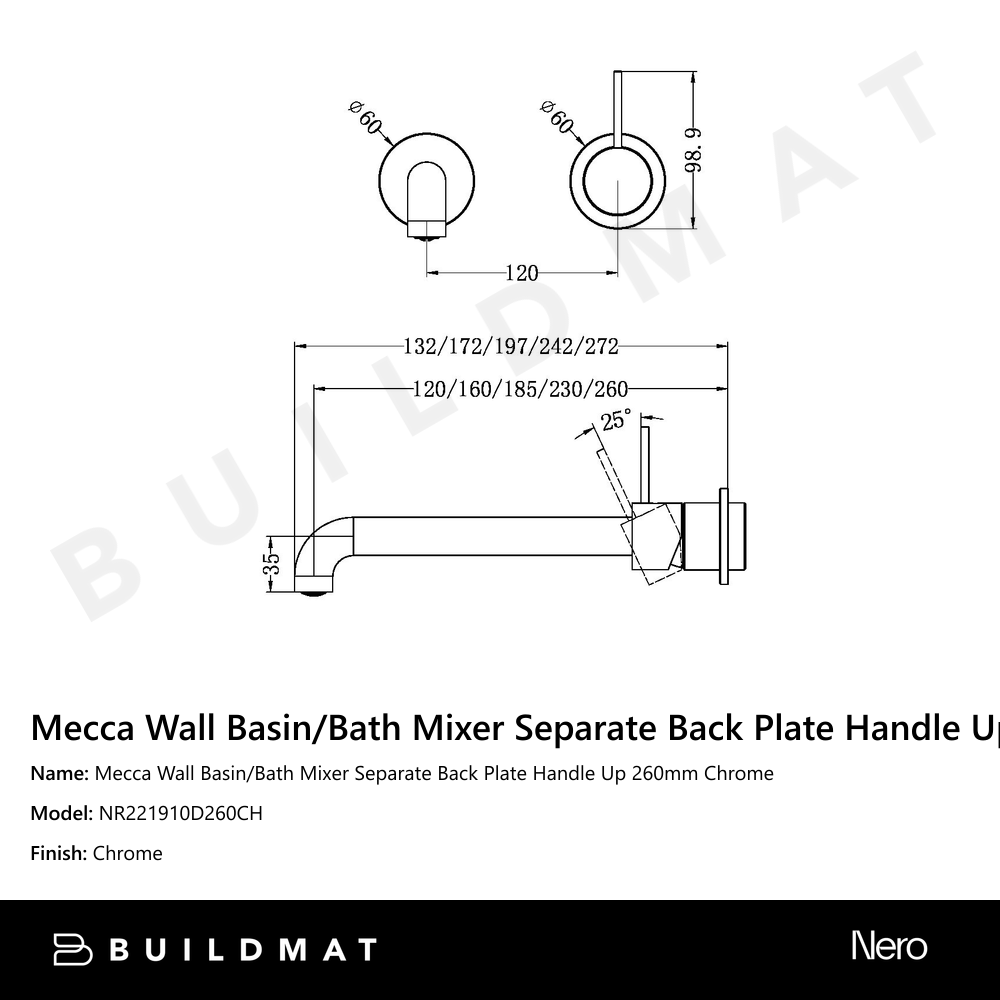 Mecca Wall Basin/Bath Mixer Separate Back Plate Handle Up 260mm Chrome