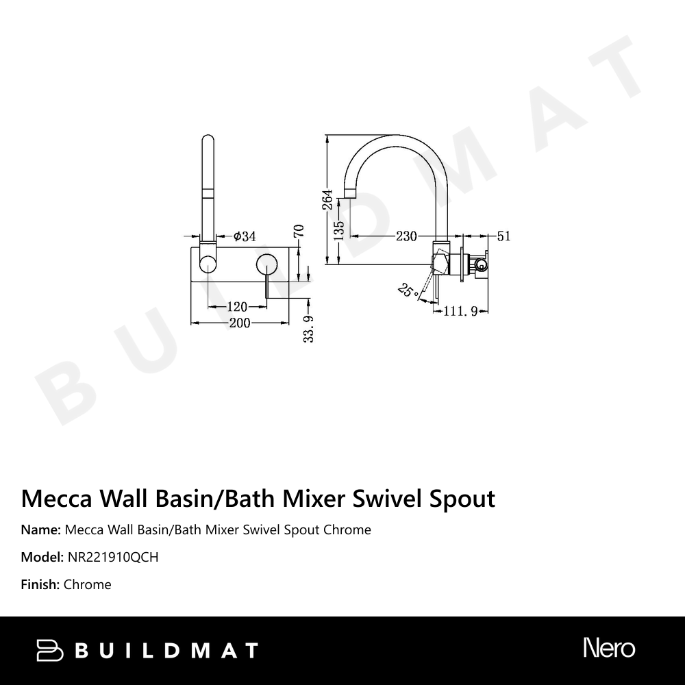 Mecca Wall Basin/Bath Mixer Swivel Spout Chrome