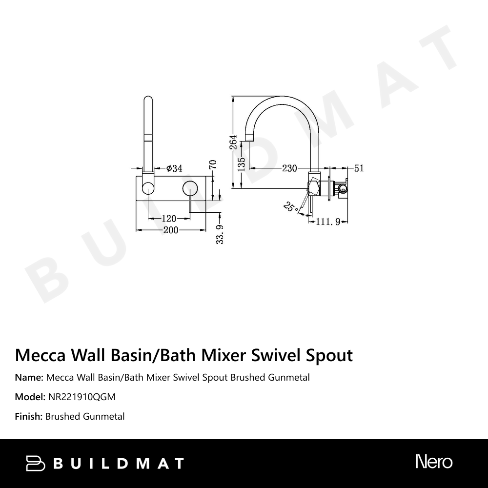 Mecca Wall Basin/Bath Mixer Swivel Spout Gun Metal