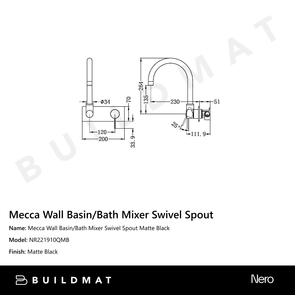 Mecca Wall Basin/Bath Mixer Swivel Spout Matte Black