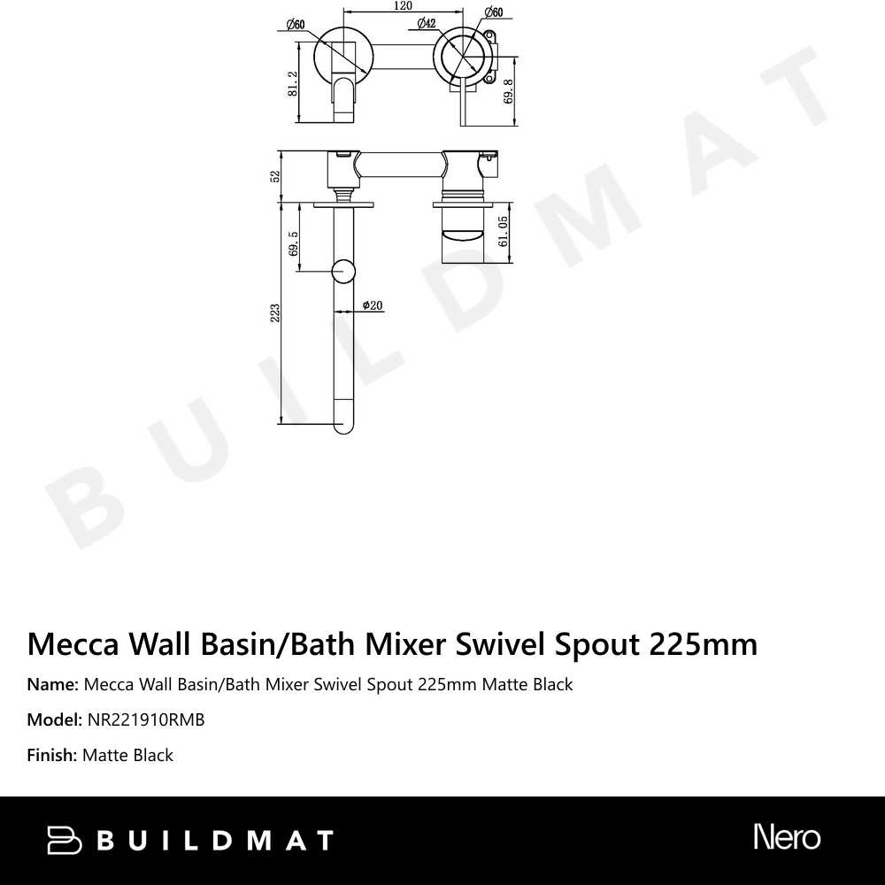 Mecca Wall Basin/Bath Mixer Swivel Spout 225mm Matte Black