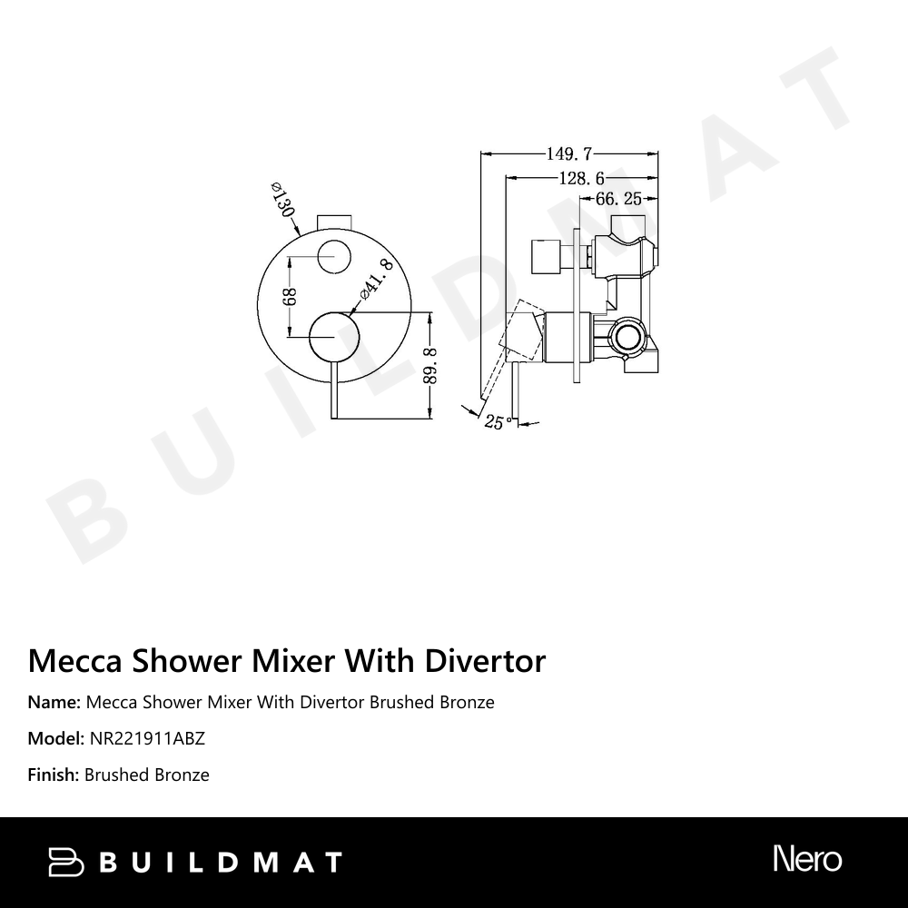 Mecca Shower Mixer With Divertor Brushed Bronze