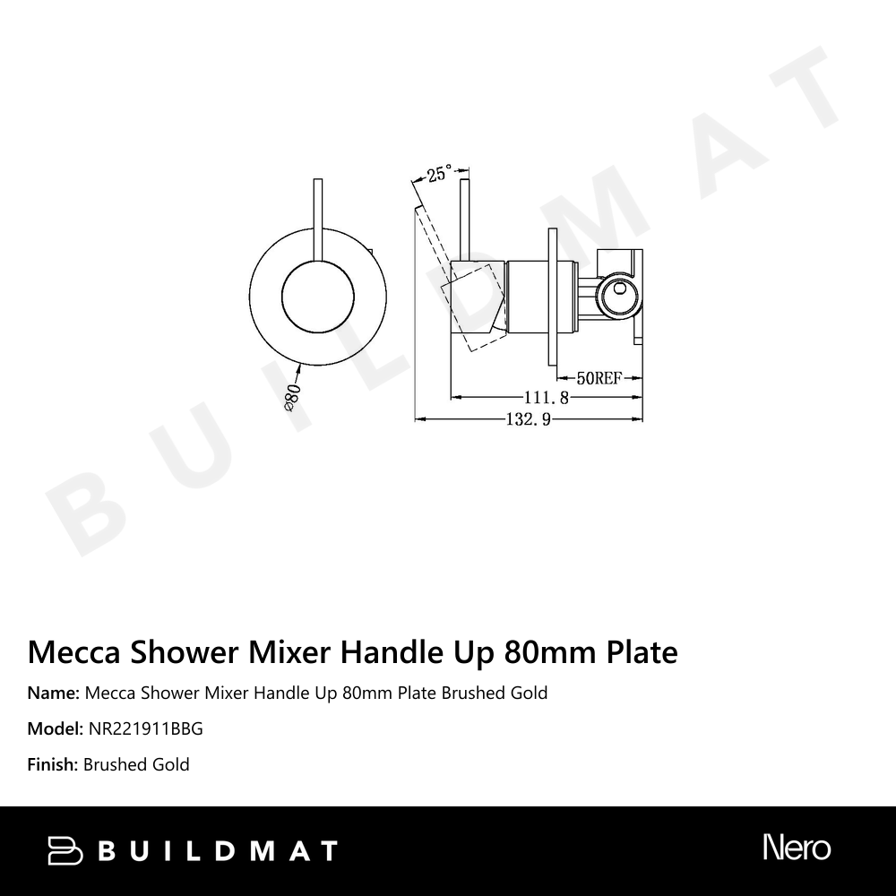 Mecca Shower Mixer Handle Up 80mm Plate Brushed Gold