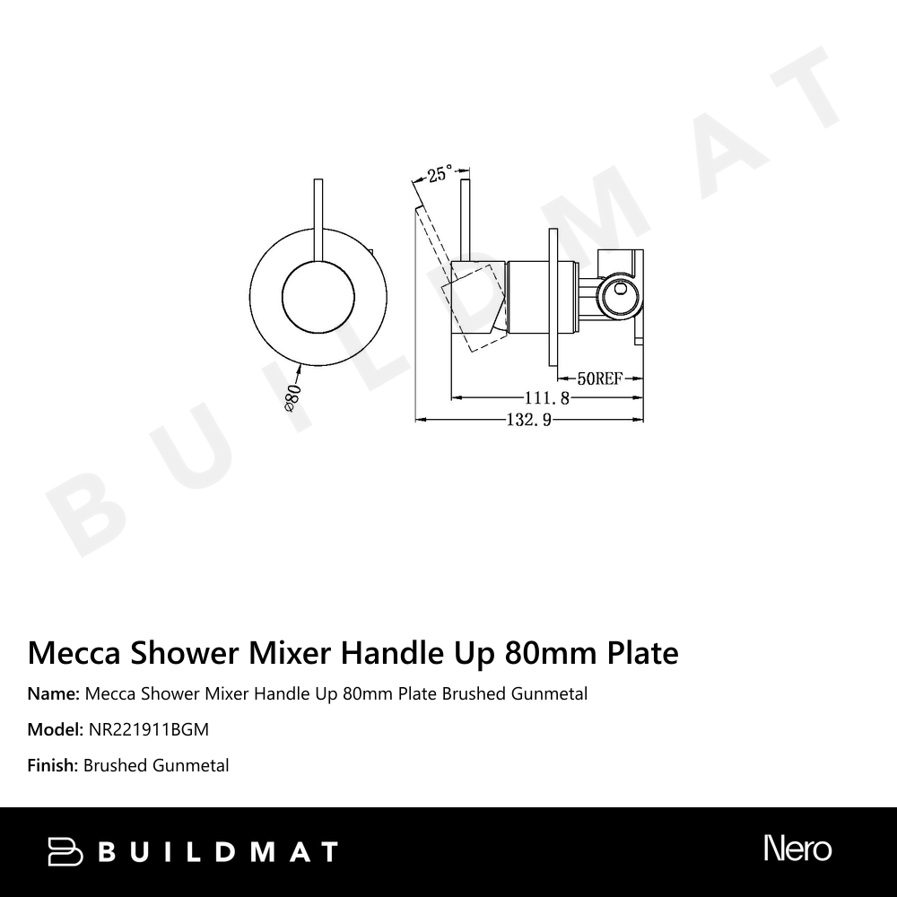 Mecca Shower Mixer Handle Up 80mm Plate Gun Metal