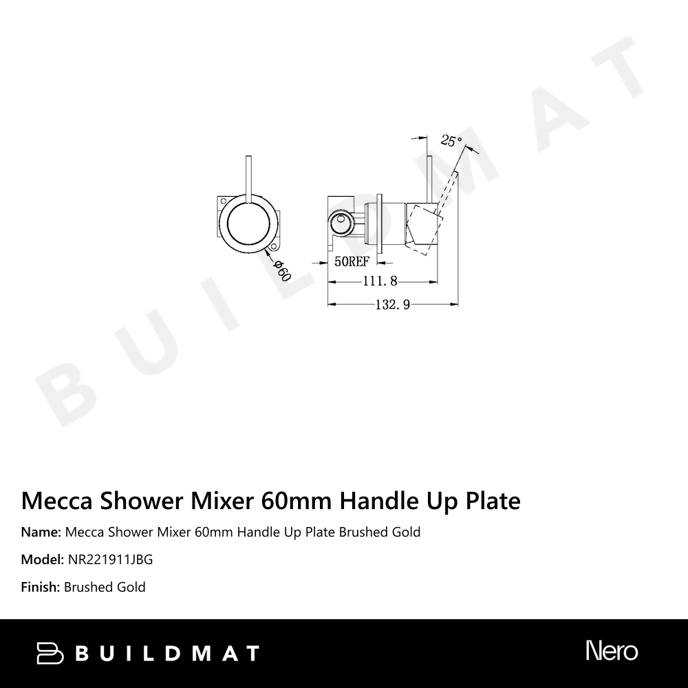 Mecca Shower Mixer 60mm Handle Up Plate Brushed Gold