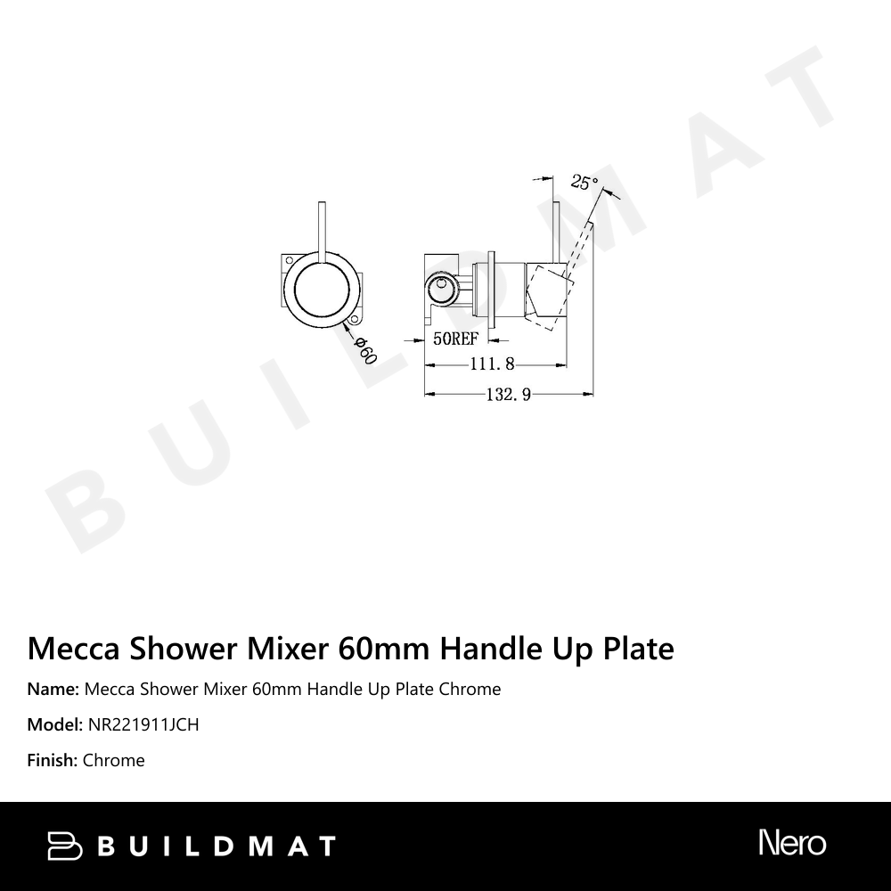 Mecca Shower Mixer 60mm Handle Up Plate Chrome