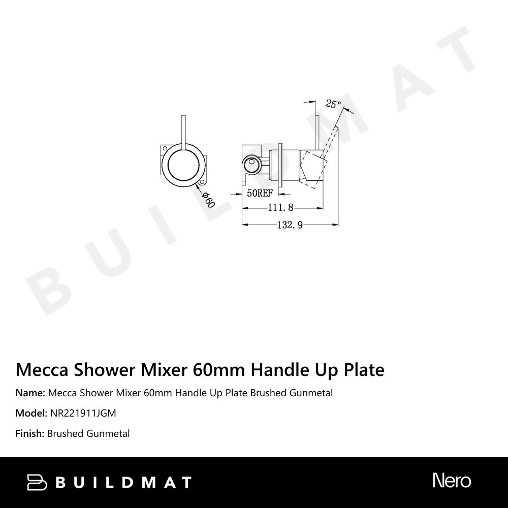 Mecca Shower Mixer 60mm Handle Up Plate Gun Metal