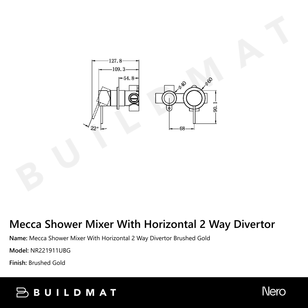 Mecca Shower Mixer With Horizontal 2 Way Divertor Brushed Gold