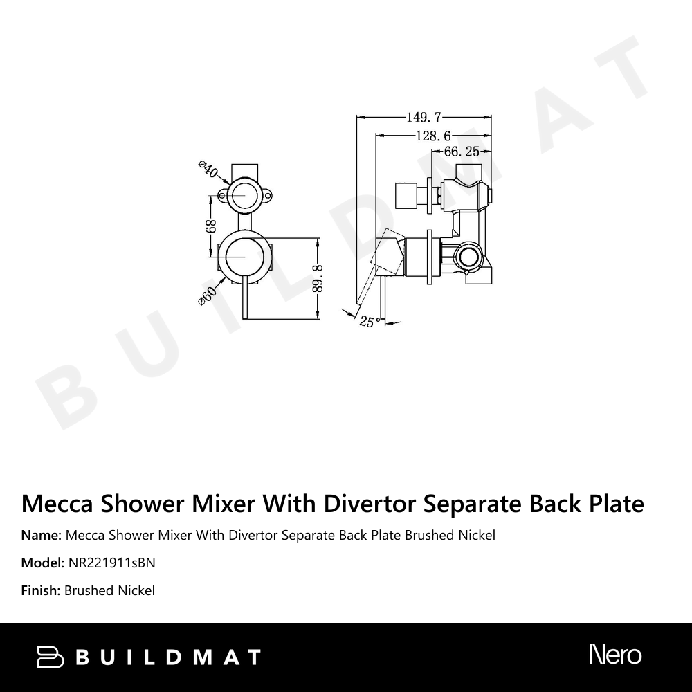 Mecca Shower Mixer With Divertor Separate Back Plate Brushed Nickel