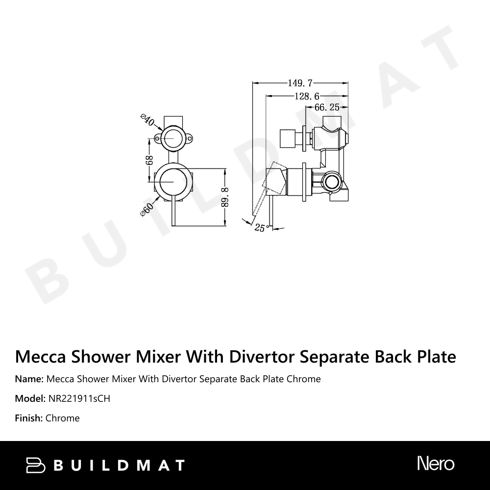 Mecca Shower Mixer With Divertor Separate Back Plate Chrome