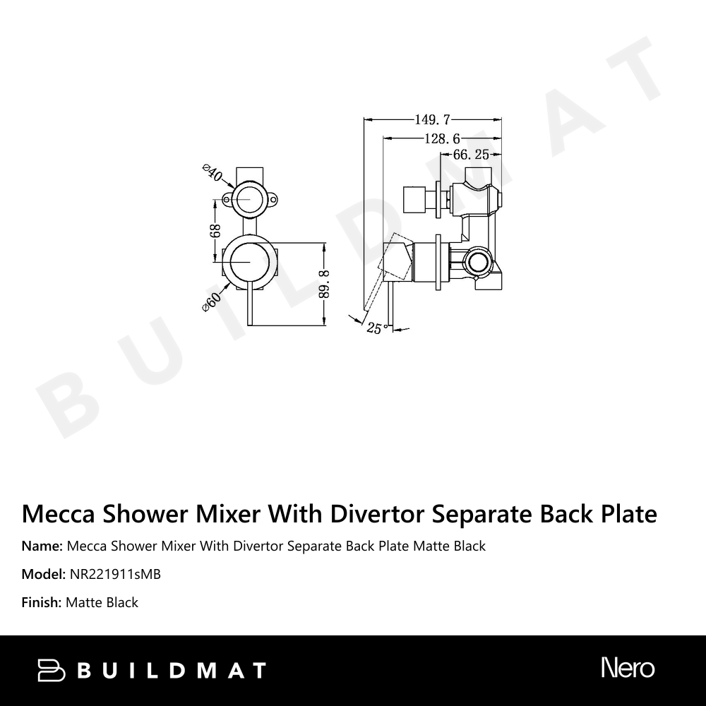 Mecca Shower Mixer With Divertor Separate Back Plate Matte Black