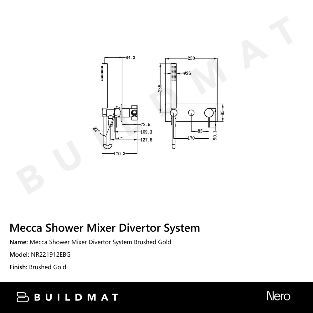 Mecca Shower Mixer Divertor System Brushed Gold