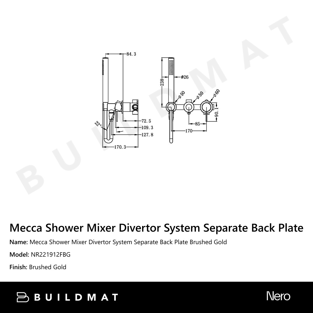 Mecca Shower Mixer Divertor System Separate Back Plate Brushed Gold