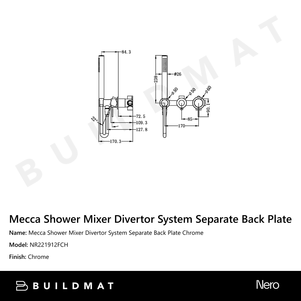 Mecca Shower Mixer Divertor System Separate Back Plate Chrome