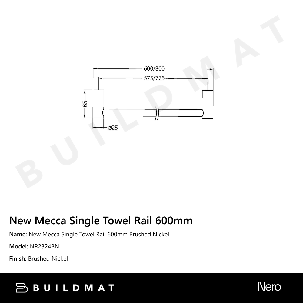 New Mecca Single Towel Rail 600mm Brushed Nickel