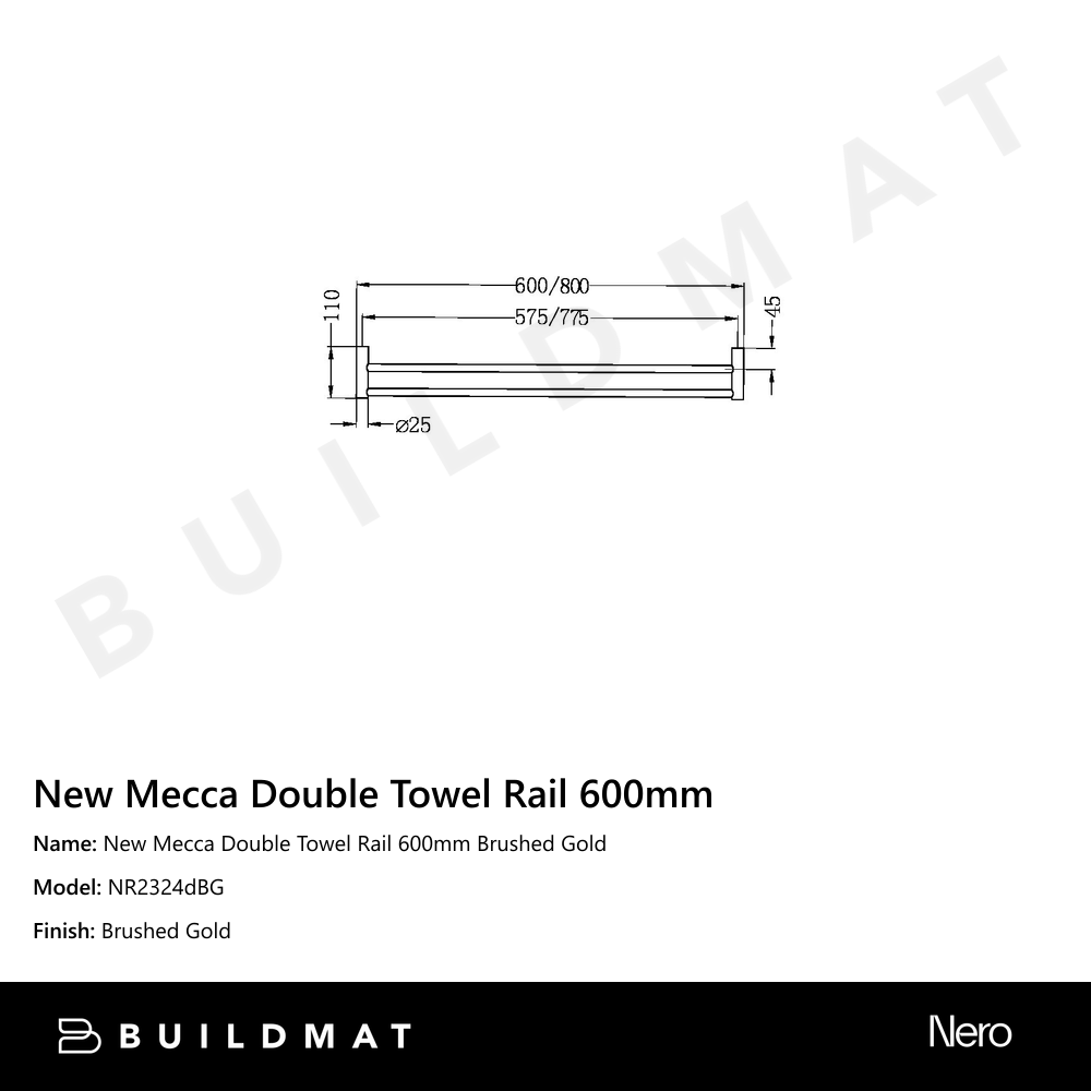 New Mecca Double Towel Rail 600mm Brushed Gold