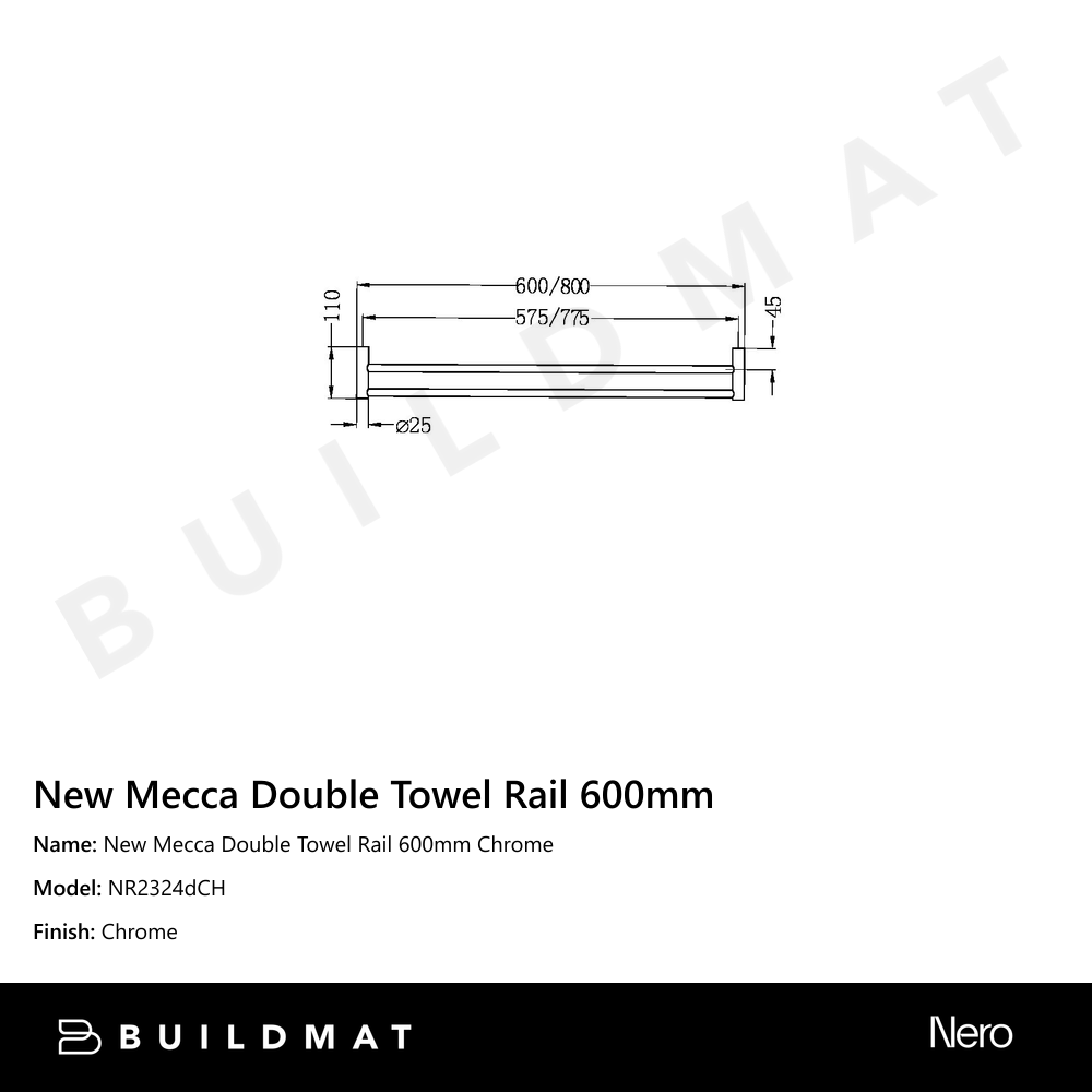 New Mecca Double Towel Rail 600mm Chrome