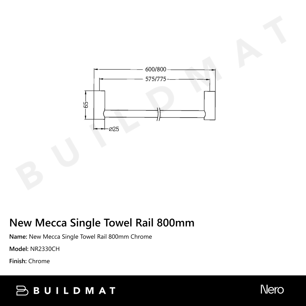 New Mecca Single Towel Rail 800mm Chrome