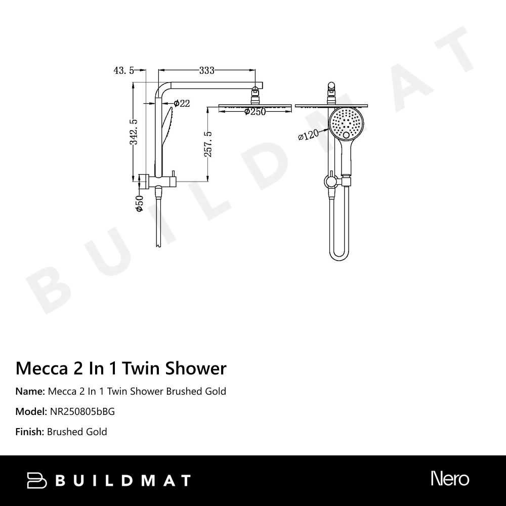 Mecca 2 In 1 Twin Shower Brushed Gold