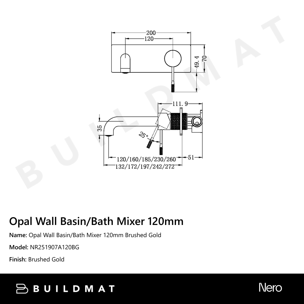 Opal Wall Basin/Bath Mixer 120mm Brushed Gold