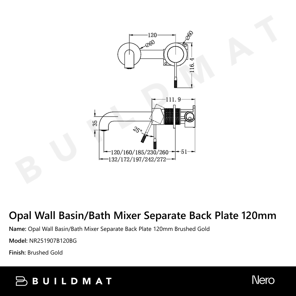 Opal Wall Basin/Bath Mixer Separate Back Plate 120mm Brushed Gold