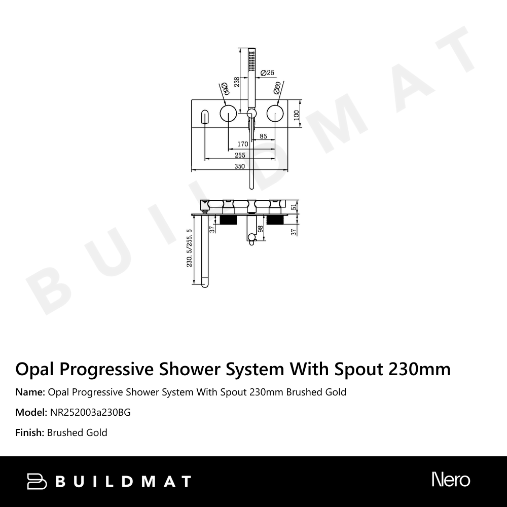 Opal Progressive Shower System With Spout 230mm Brushed Gold