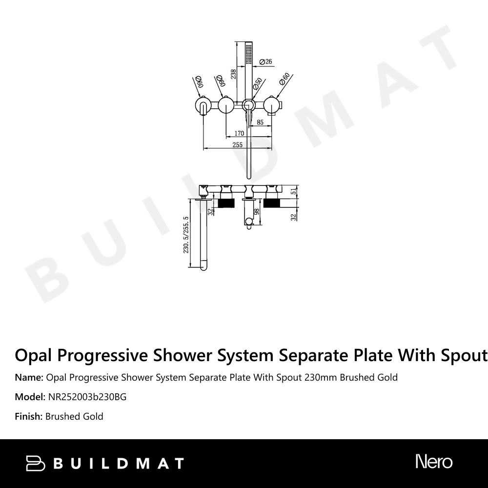 Opal Progressive Shower System Separate Plate With Spout 230mm Brushed Gold