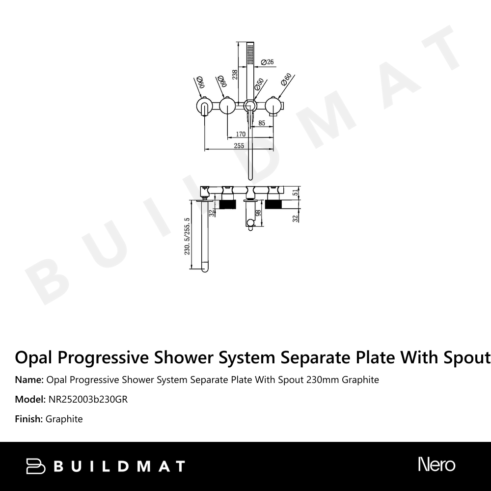 Opal Progressive Shower System Separate Plate With Spout 230mm Graphite