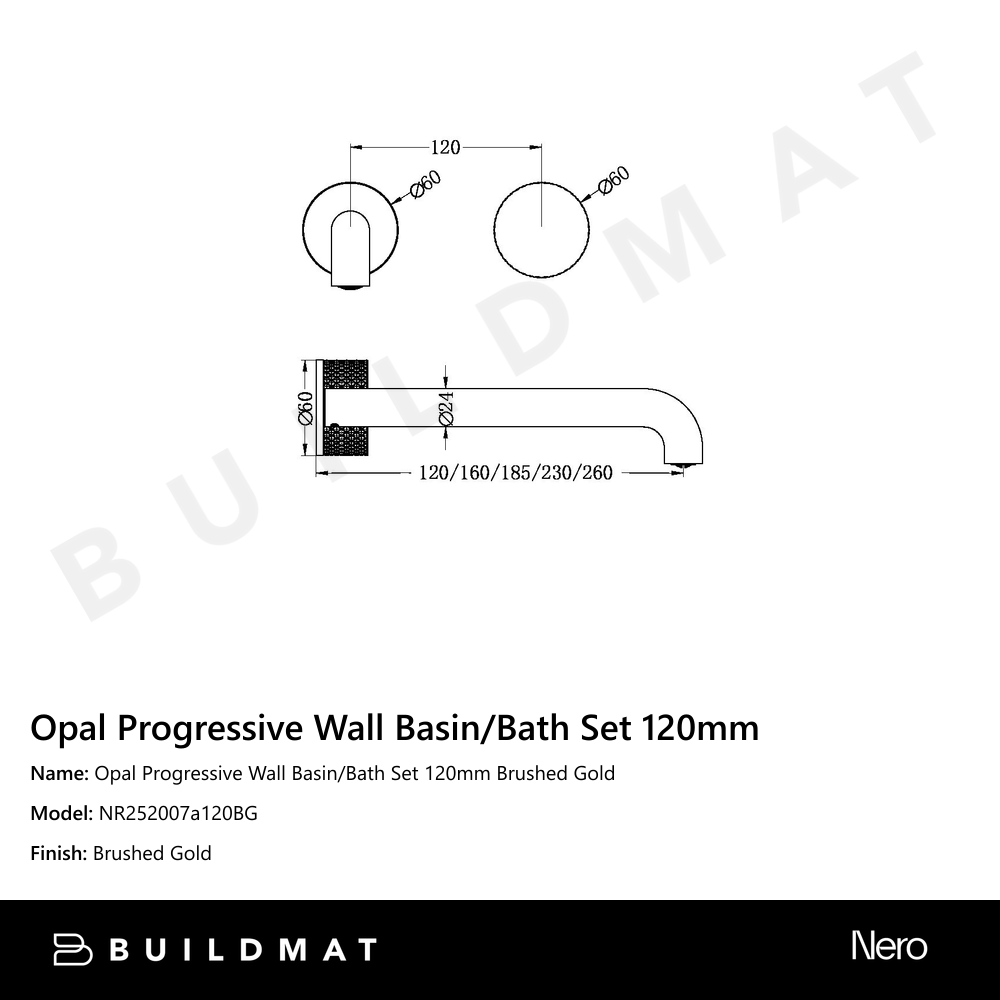 Opal Progressive Wall Basin/Bath Set 120mm Brushed Gold