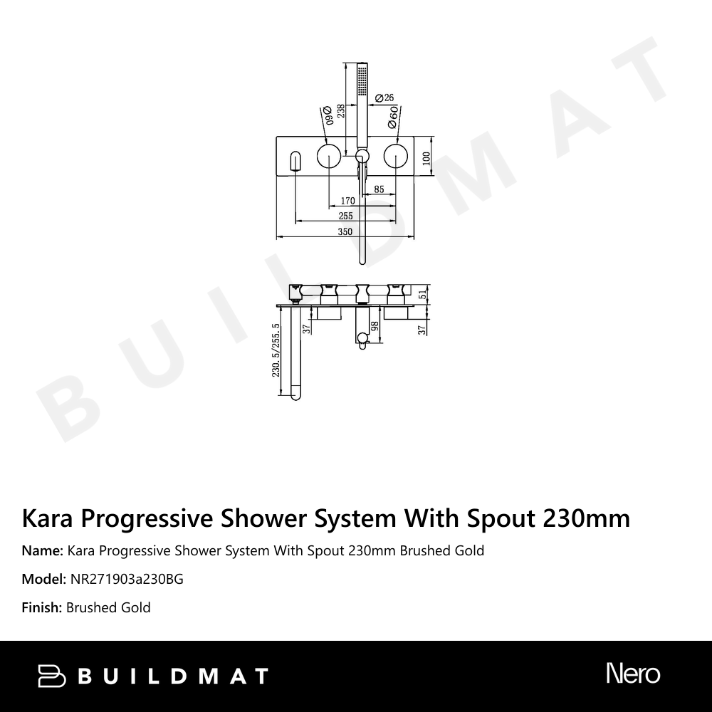 Kara Progressive Shower System With Spout 230mm Brushed Gold