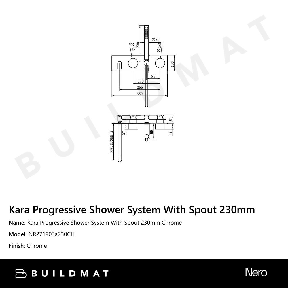 Kara Progressive Shower System With Spout 230mm Chrome