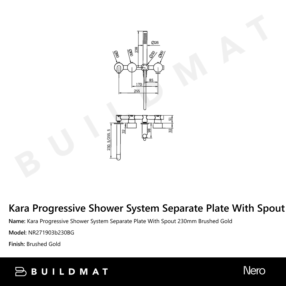 Kara Progressive Shower System Separate Plate With Spout 230mm Brushed Gold