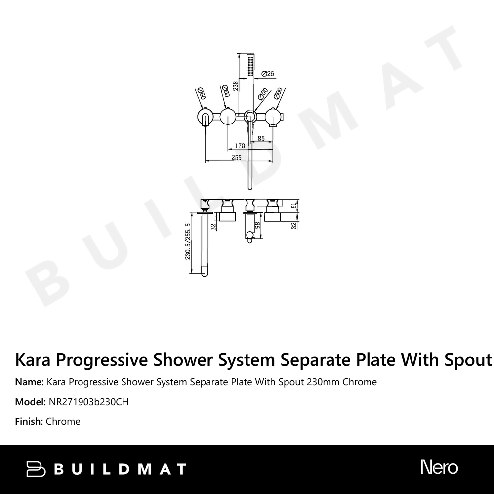 Kara Progressive Shower System Separate Plate With Spout 230mm Chrome