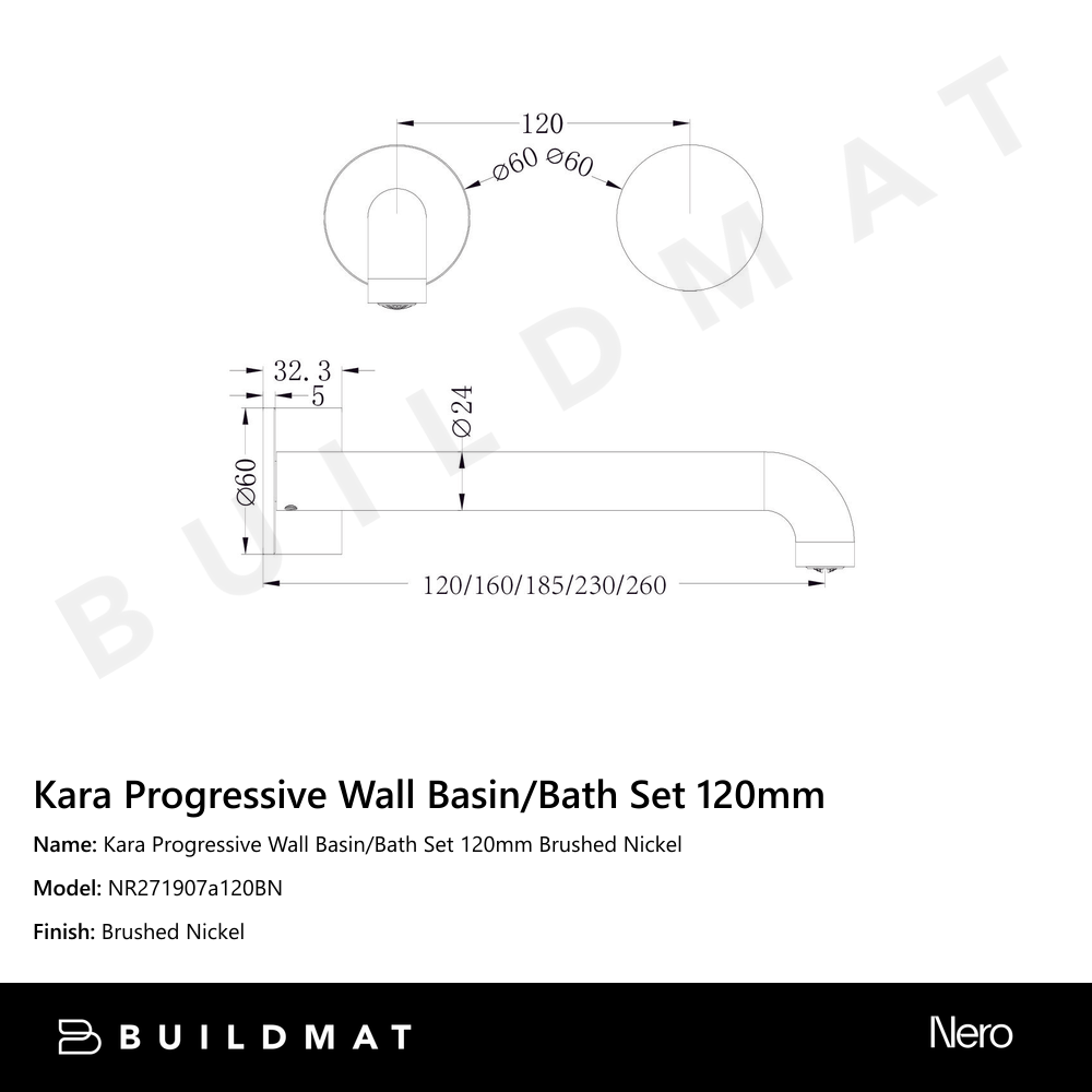 Kara Progressive Wall Basin/Bath Set 120mm Brushed Nickel