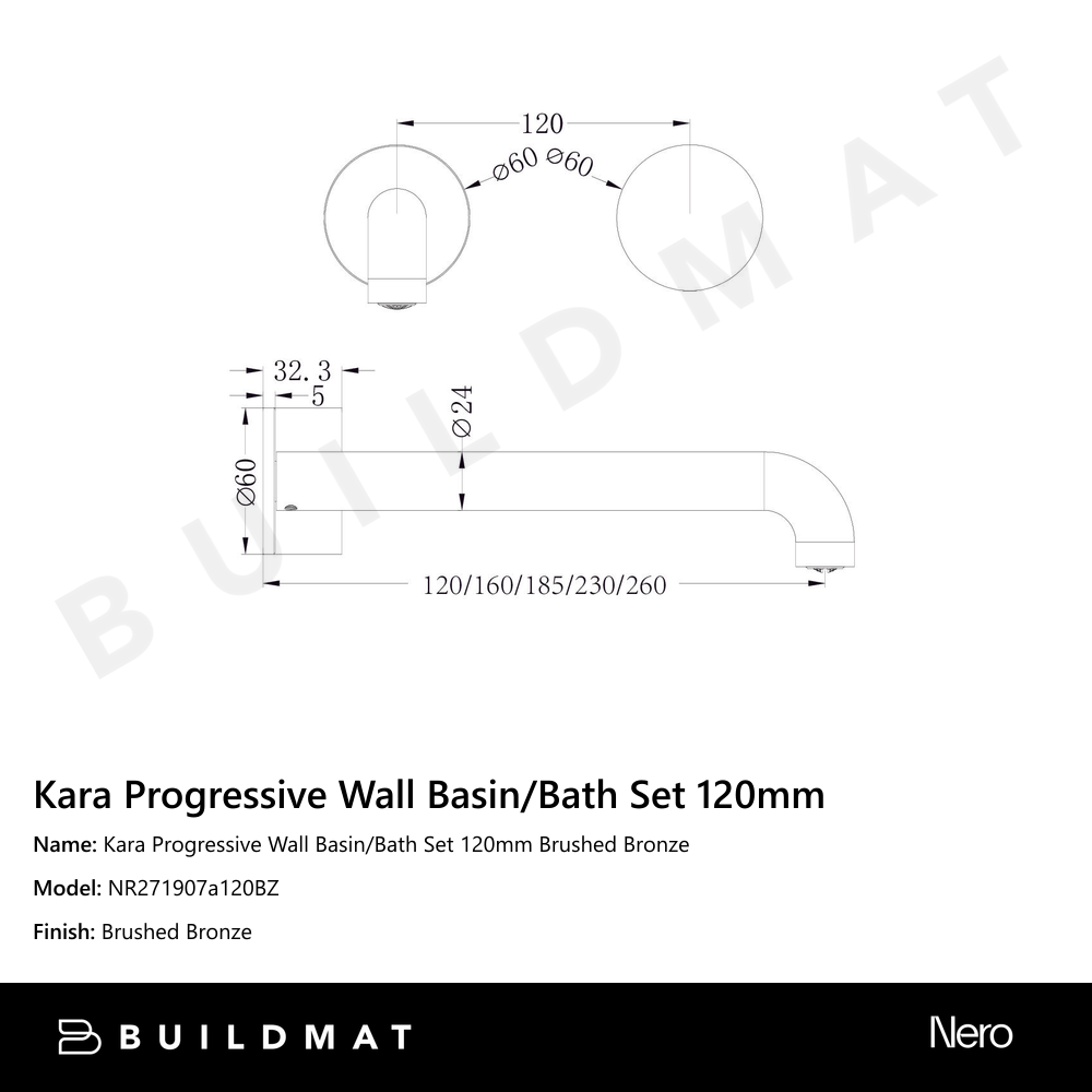 Kara Progressive Wall Basin/Bath Set 120mm Brushed Bronze