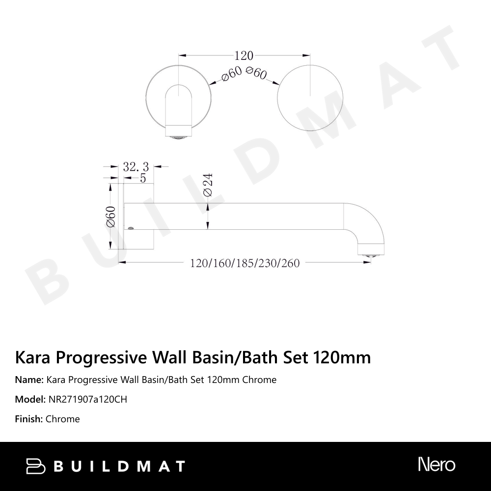 Kara Progressive Wall Basin/Bath Set 120mm Chrome