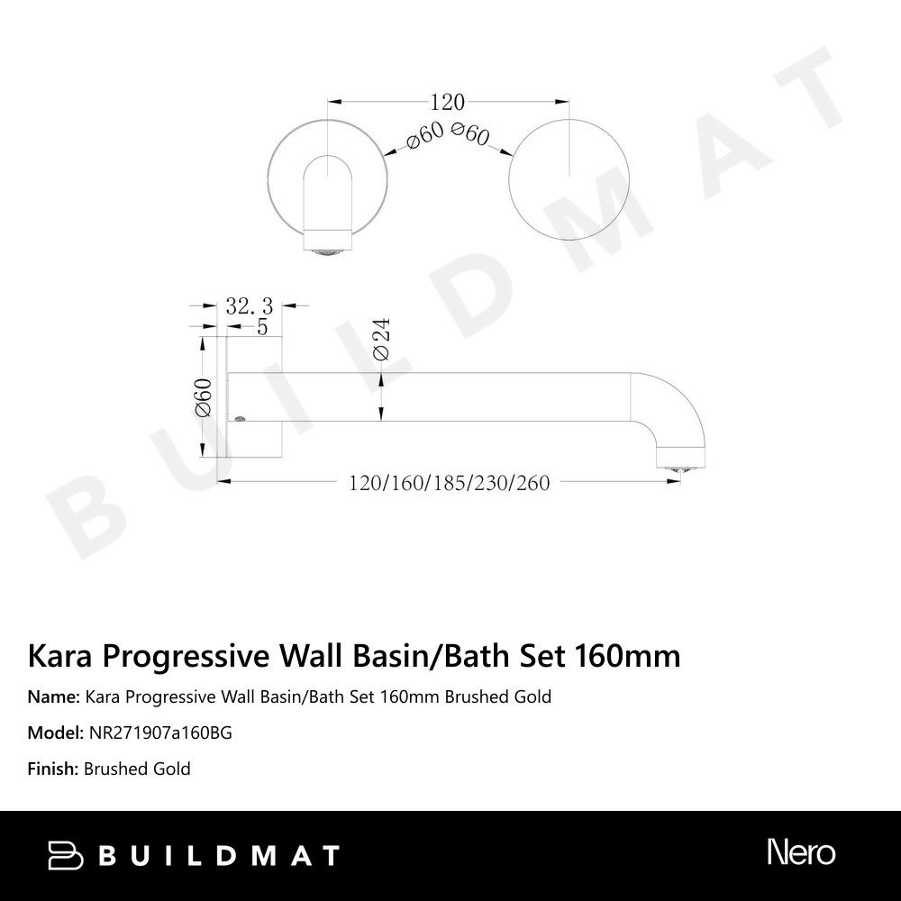 Kara Progressive Wall Basin/Bath Set 160mm Brushed Gold