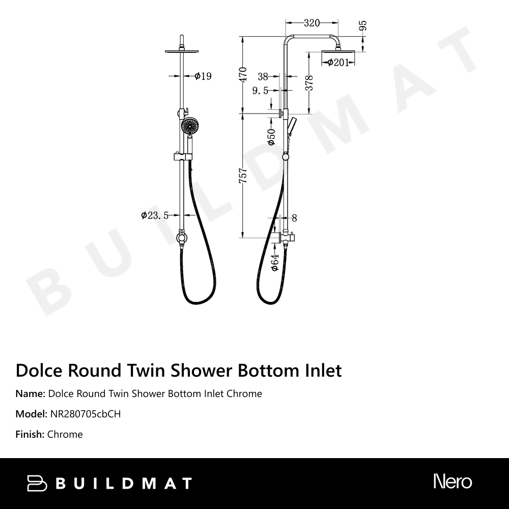 Dolce Round Twin Shower Bottom Inlet Chrome