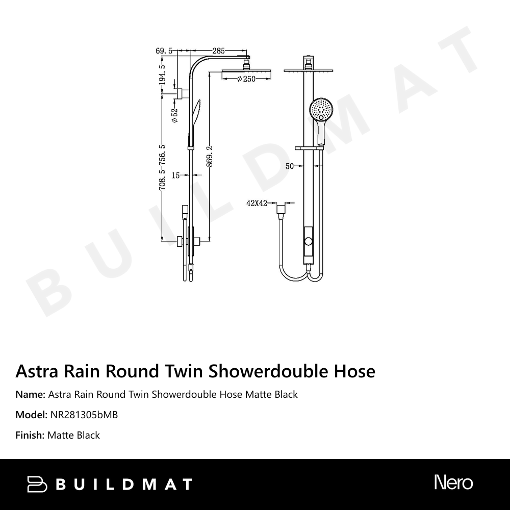 Astra Rain Round Twin Showerdouble Hose Matte Black